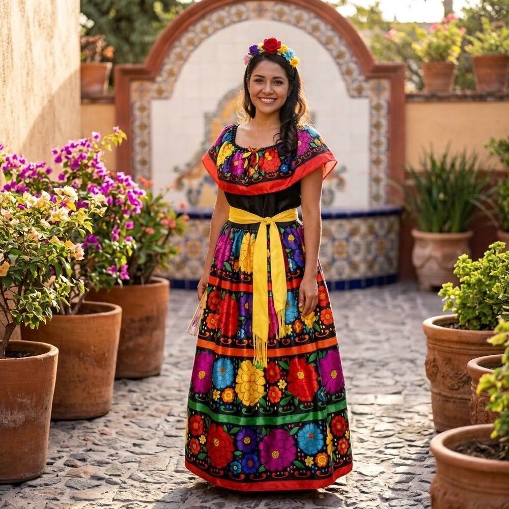 Sugar Skull Day Of Dead Halloween Costume Dress Holiday Size large 10/12 fiesta